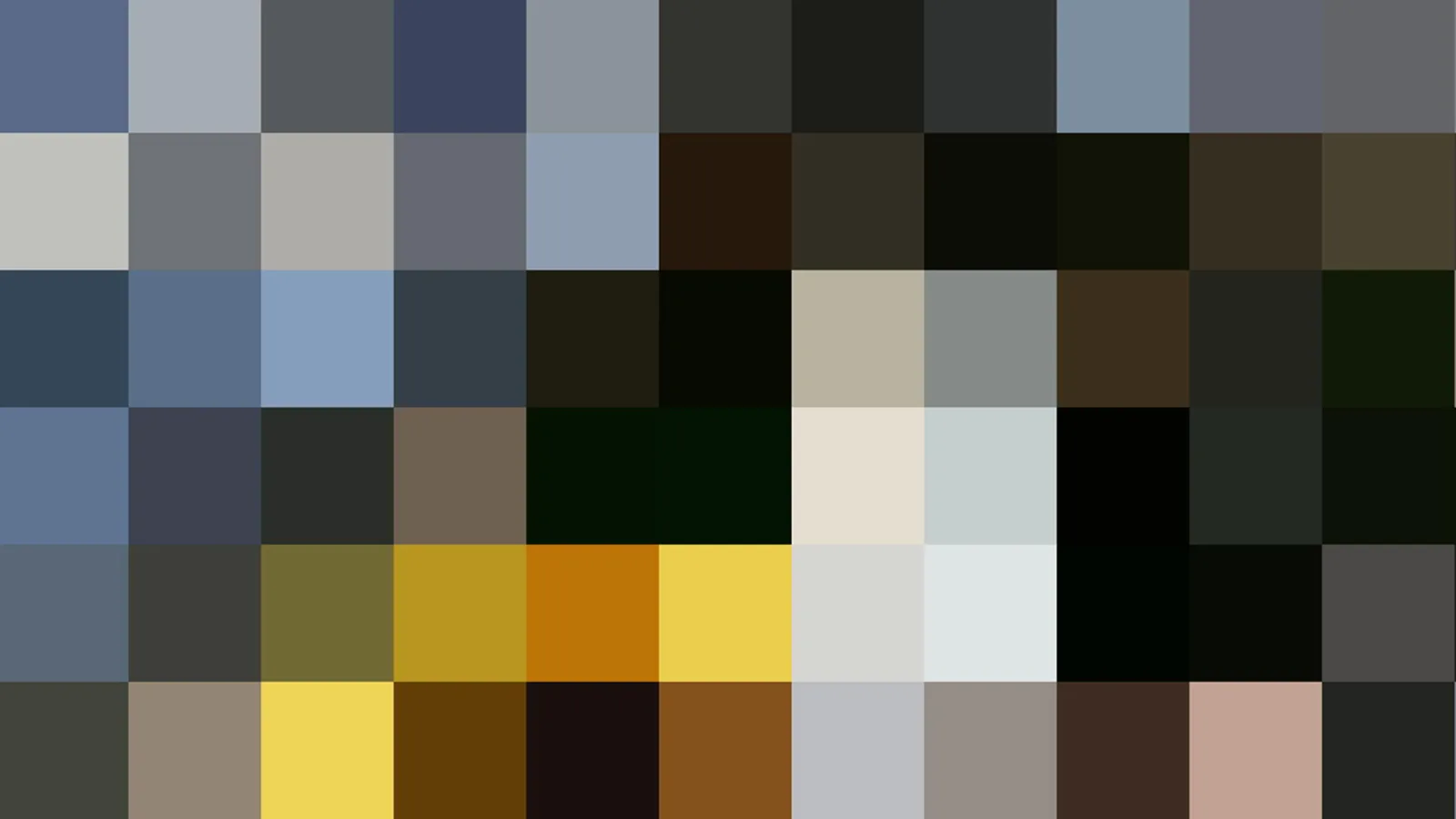 Abstrakte Komposition aus einem Raster quadratischer Farbfelder in Blau, Grau, Schwarz, Gelb, Orange und Beige, die kein erkennbares Gesicht zeigt.