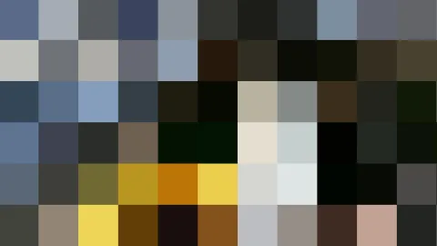 Abstrakte Komposition aus einem Raster quadratischer Farbfelder in Blau, Grau, Schwarz, Gelb, Orange und Beige, die kein erkennbares Gesicht zeigt.