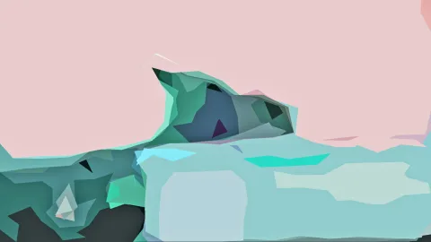 Abstrakte Low-Poly-Landschaft mit rosa Himmel und türkisfarbenen, kantigen Felsformen, im Vordergrund dunkle Flächen.