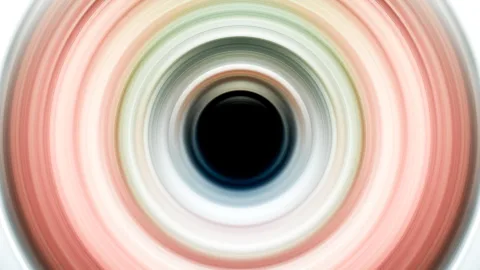 Abstrakte Komposition aus konzentrischen, verwischten Ringen in Rosa, Grün und Grau, die von einem schwarzen Zentrum nach außen laufen.