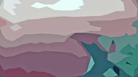 Abstrakte Komposition aus flachen, kantigen Flächen in Rosa, Mauve, Petrol und Weiß, oben hell, rechts grünlich-türkis.