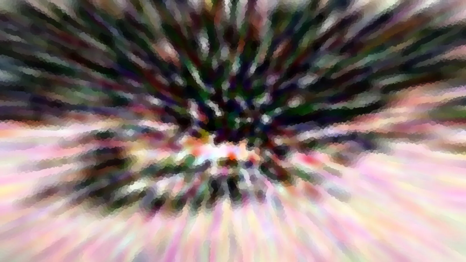 Abstrakte Komposition aus radial verlaufenden, verwischten Farbstreifen in Grün, Schwarz, Rosa und Weiß, die von einem dunklen Zentrum nach außen strahlen.