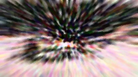 Abstrakte Komposition aus radial verlaufenden, verwischten Farbstreifen in Grün, Schwarz, Rosa und Weiß, die von einem dunklen Zentrum nach außen strahlen.