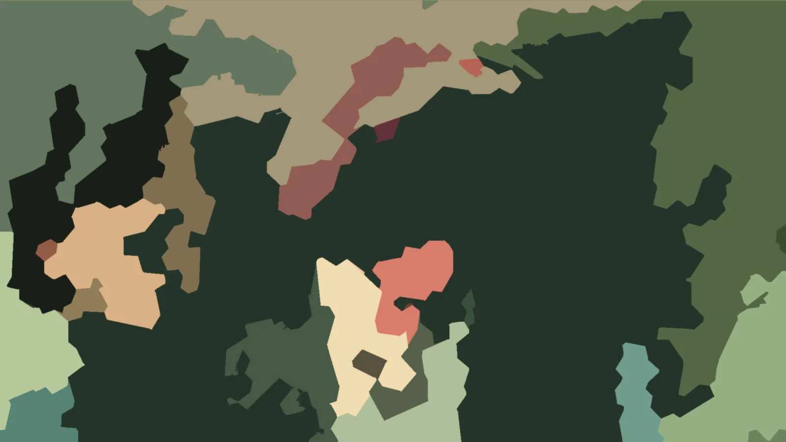 Abstrakte Komposition aus unregelmäßigen, flächigen Formen in Dunkelgrün, Olivgrün, Sandbeige, Terrakotta und Creme.