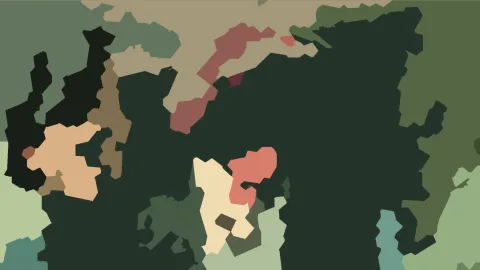 Abstrakte Komposition aus unregelmäßigen, flächigen Formen in Dunkelgrün, Olivgrün, Sandbeige, Terrakotta und Creme.