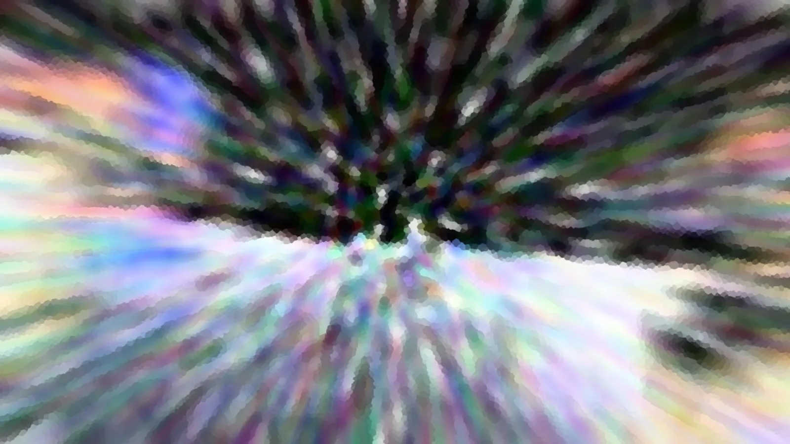 Abstrakte Komposition aus bunten, radial von einem dunklen Zentrum oben in der Mitte ausgehenden Schlieren mit pixeligen Flecken in Lila, Grün und Weiß.