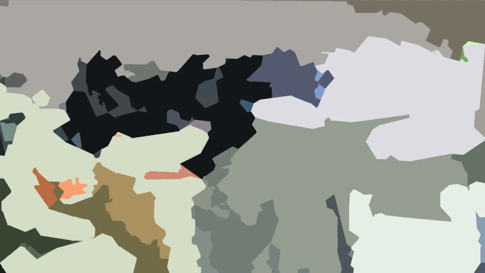 Abstrakte Komposition aus unregelmäßigen, flächigen Formen in Grau, Schwarz, Weiß, Olivgrün und einzelnen Orange- und Blautönen.