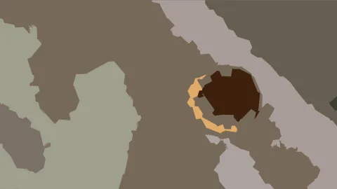 Abstrakte Komposition aus flachen braunen, grünen und grauen Flächen, mit einer dunkelbraunen Form und einem orangefarbenen Bogen.