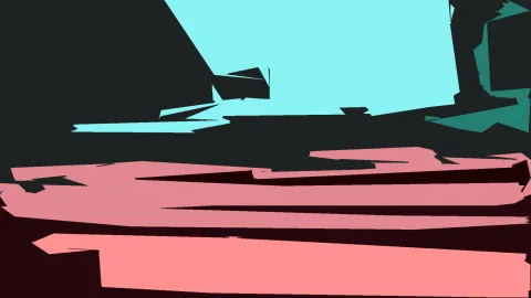 Abstrakte Komposition mit türkisfarbenen und rosafarbenen Flächen vor dunklem Hintergrund, kantige Formen überlagern sich horizontal.