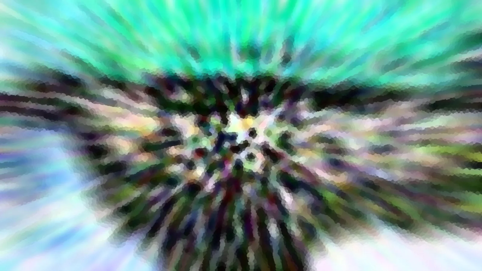 Abstrakte Komposition aus radial verwischten grünen, türkisen und dunklen Farbflächen mit kleinteiliger Mosaikstruktur.
