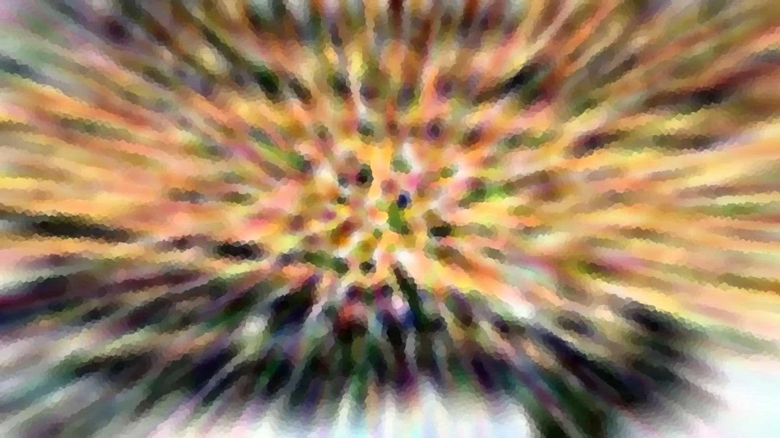 Abstrakte Farbexplosion mit radialen Streifen in Orange, Gelb, Grün und Violett, mosaikartig gebrochen.