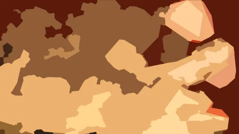 Abstrakte Komposition aus flachen, ineinandergreifenden Formen in Braun-, Ocker- und Orangetönen vor dunkelrotem Hintergrund.