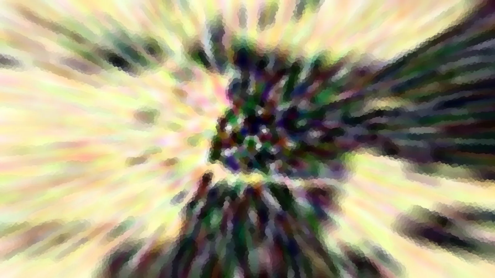Abstrakte Komposition aus radial angeordneten gelben, grünen und violetten Schlieren mit dunklem Zentrum.