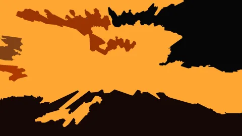 Abstrakte Komposition aus orangefarbenen Flächen mit dunkelbraunen und schwarzen Formen, die von unregelmäßigen, zackigen Rändern begrenzt werden.