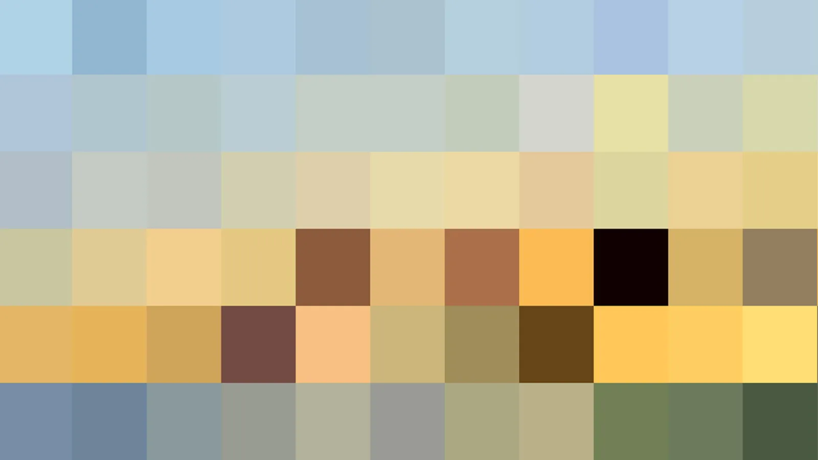 Mosaik aus quadratischen Farbfeldern in Zeilen: oben Blau und Grau, in der Mitte Beige, Gelb und Braun, unten Grün und Grau.