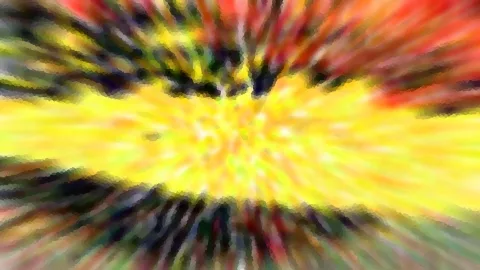 Abstrakte Komposition mit radialer Unschärfe: gelbes Zentrum, umgeben von roten, schwarzen und grünen Strahlen.