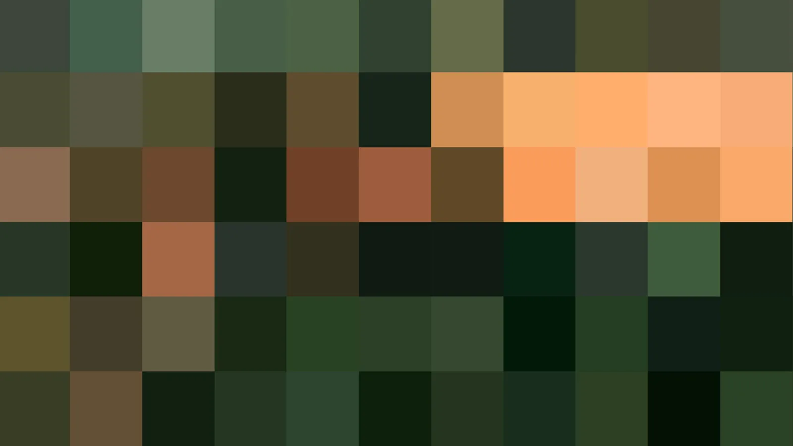 Abstraktes Mosaik aus quadratischen Farbfeldern in Dunkelgrün, Braun und Orange, in neun Zeilen angeordnet.