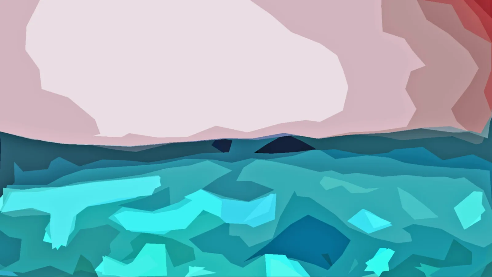 Abstrakte, facettierte Landschaft mit rosafarbenem Himmel, dunklen Hügeln am Horizont und türkisfarbenem Wasser mit hellen Cyan-Akzenten.
