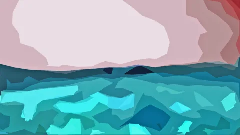 Abstrakte, facettierte Landschaft mit rosafarbenem Himmel, dunklen Hügeln am Horizont und türkisfarbenem Wasser mit hellen Cyan-Akzenten.