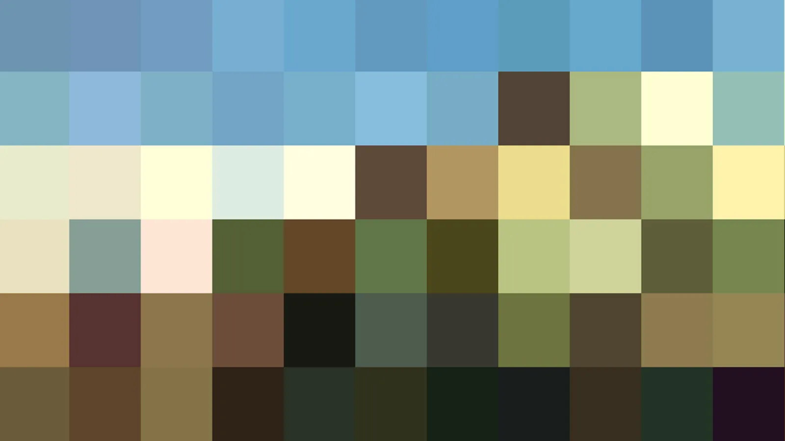 Raster aus quadratischen Farbfeldern: oben hellblaue Töne, in der Mitte Beige, Olivgrün und Braun, unten dunkle Grün- und Brauntöne.