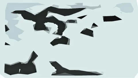 Abstrakte Komposition aus dunklen, kantigen Flächen auf hellgrauem Grund mit blassen Schatten darunter.
