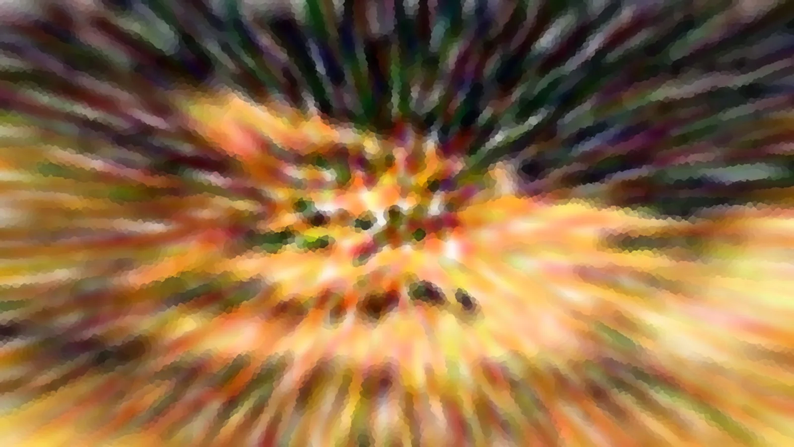Abstrakte Komposition aus bunten Streifen, die von einem hellen Zentrum radial nach außen laufen, in Orange, Gelb, Grün und Violett, mit pixeligen Übergängen.