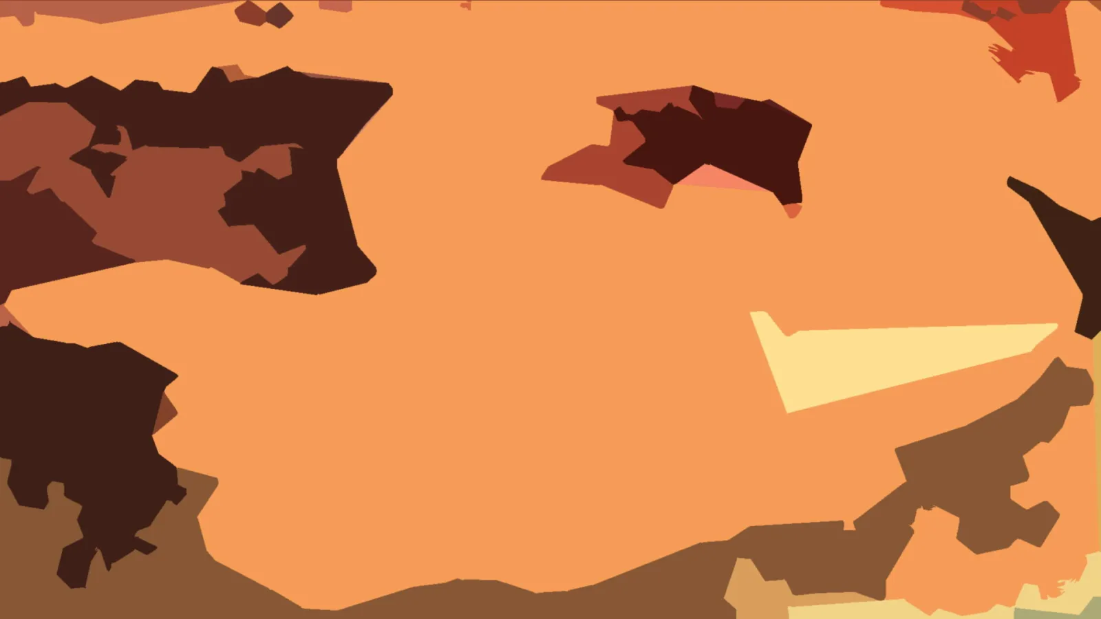 Abstrakte Komposition aus flächigen orangefarbenen, braunen und cremefarbenen Formen auf hellorangem Grund.