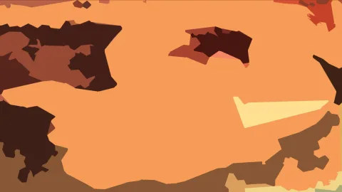 Abstrakte Komposition aus flächigen orangefarbenen, braunen und cremefarbenen Formen auf hellorangem Grund.