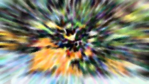 Abstraktes Bild mit radialen Streifen in Grün, Gelb, Orange und Violett, die von einem dunklen Zentrum nach außen laufen, mosaikartig verpixelt.