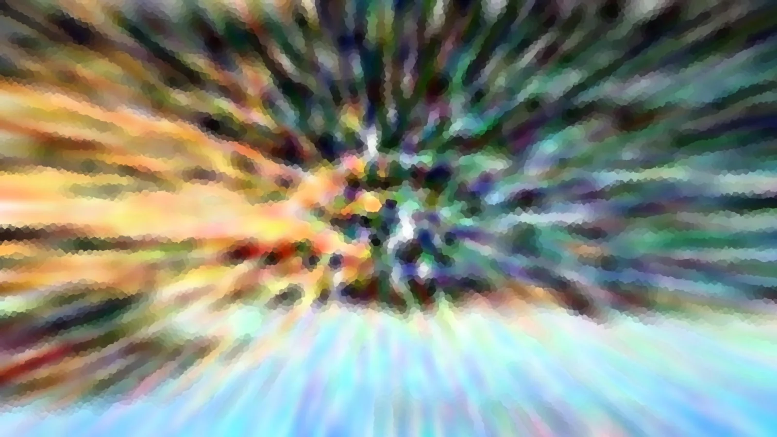Abstraktes Bild mit radial von einem dunklen Zentrum nach außen laufenden Farbstrahlen in Gelb, Orange, Grün, Blau und Violett, unten hellblau.