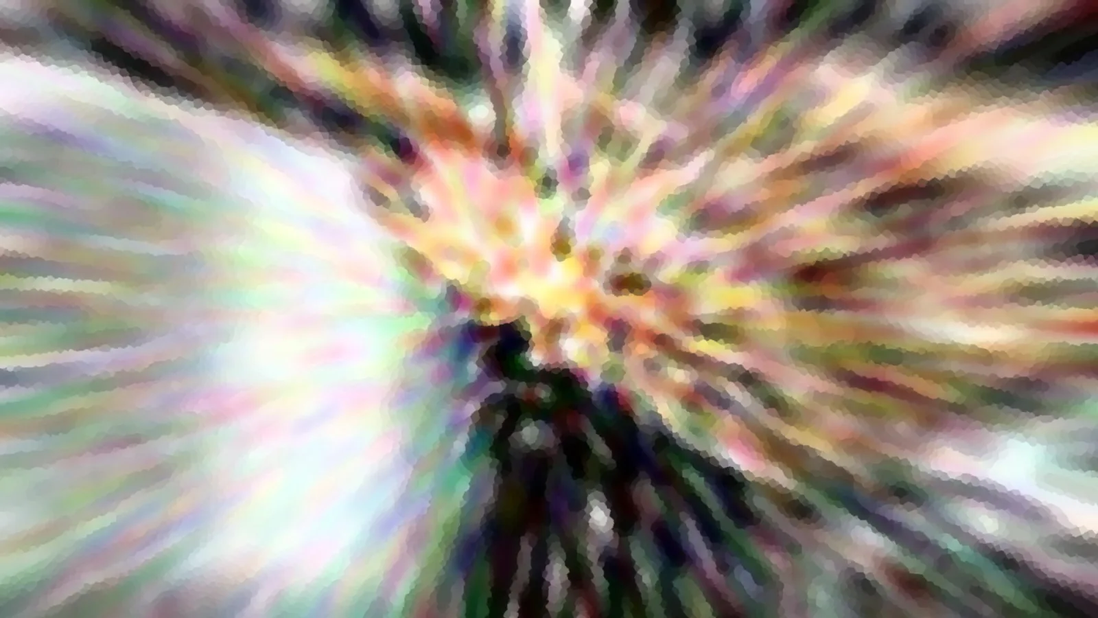 Abstrakte Komposition mit bunten Streifen, die radial von einem hellen, gelblichen Zentrum nach außen laufen, verschwommen und leicht pixelig.