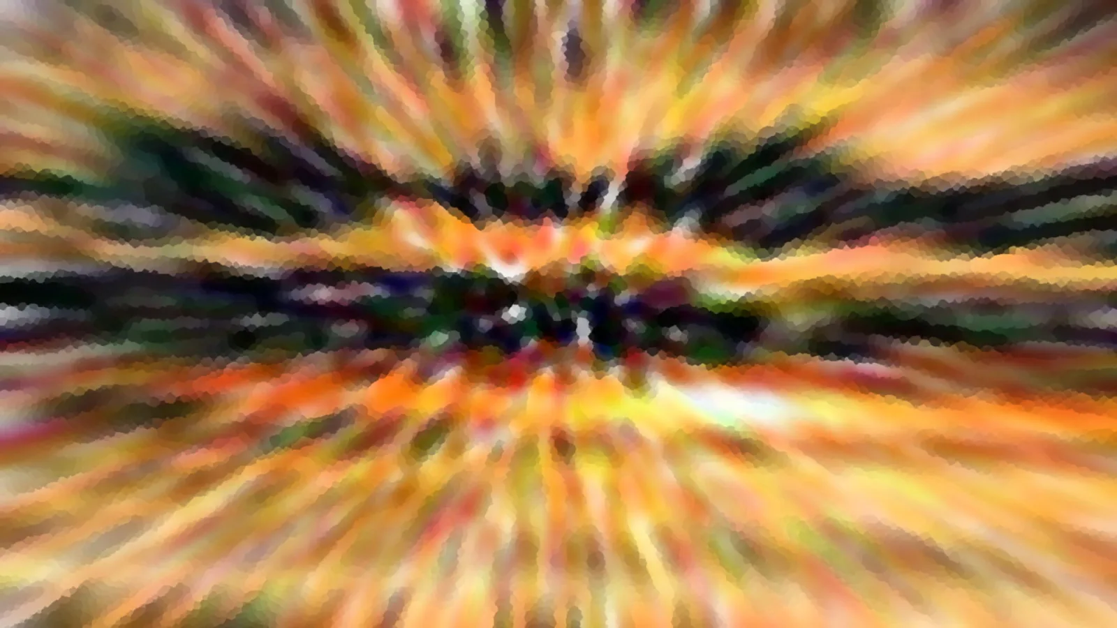 Abstraktes Bild mit radial von der Mitte ausstrahlenden Streifen in Orange, Gelb und dunklem Grün, mosaikartig gerastert.