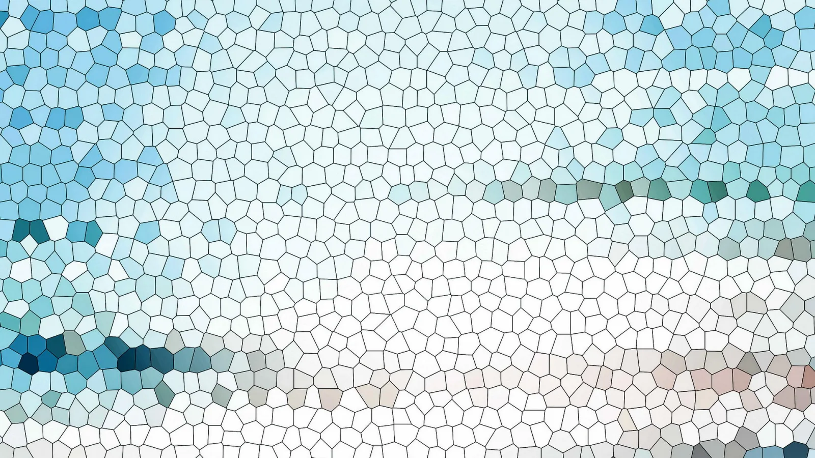 Muster aus unregelmäßigen, polygonalen Zellen in Blau-, Türkis- und Weißtönen, mit dunkleren Akzenten am unteren Rand.