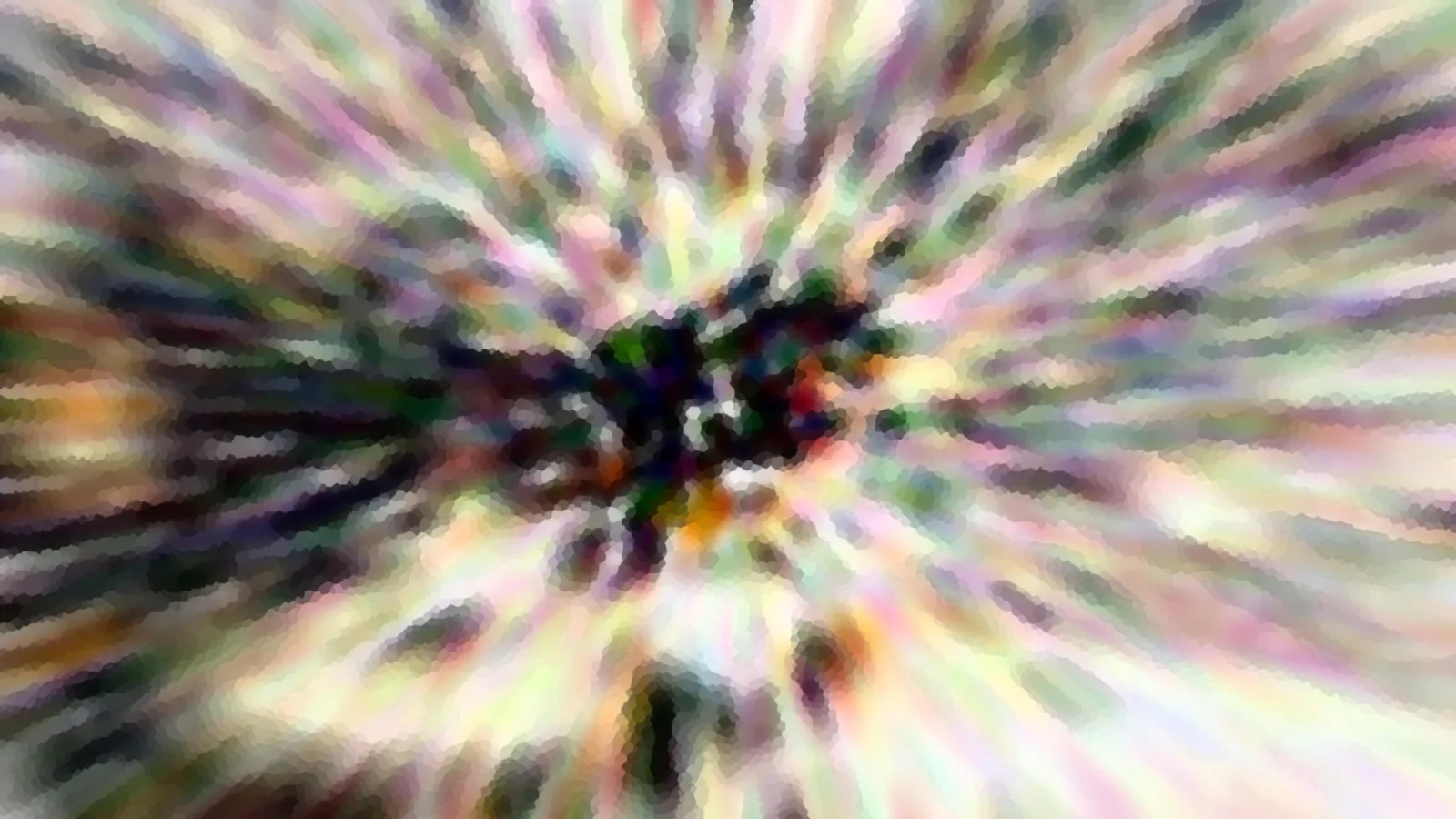 Abstrakte Komposition aus pastellfarbenen Streifen, die radial von einem dunklen, bunt gesprenkelten Zentrum nach außen laufen. Die Kanten wirken pixelig und verwischt.