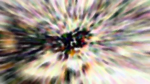Abstrakte Komposition aus pastellfarbenen Streifen, die radial von einem dunklen, bunt gesprenkelten Zentrum nach außen laufen. Die Kanten wirken pixelig und verwischt.