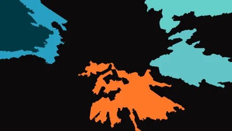 Abstrakte Komposition auf schwarzem Grund: ein orangefarbenes, verzweigtes Formgebilde in der Mitte, flankiert von türkisen und blauen Flächen an den oberen Ecken.
