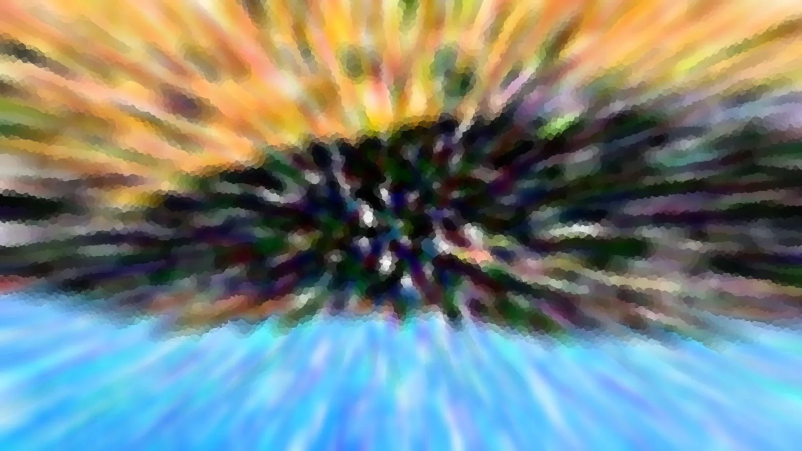 Abstrakte Komposition aus radial von der Mitte nach außen laufenden Farbschlieren in Orange, Gelb, Dunkelgrün und Blau.