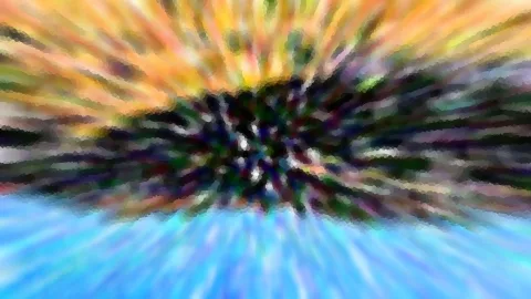 Abstrakte Komposition aus radial von der Mitte nach außen laufenden Farbschlieren in Orange, Gelb, Dunkelgrün und Blau.