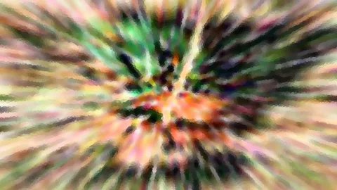 Abstrakte Komposition aus radial verwischten Farbstreifen in Grün, Orange und Rosa, mit feinem pixeligem Raster.