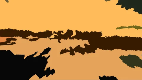 Abstrakte Komposition aus flachen, gezackten Formen in Orange, Braun, Schwarz und Dunkelgrün vor einem hellen orangefarbenen Hintergrund.