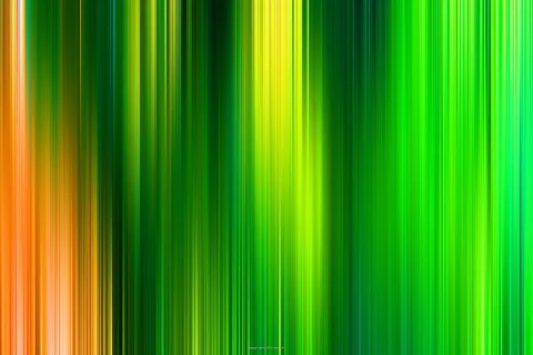 Abstrakte vertikale Streifen in Grün, Gelb und Orange, die wie verwischte Lichtstrahlen nebeneinander stehen. Links dominiert Orange, rechts ein kräftiges Grün.
