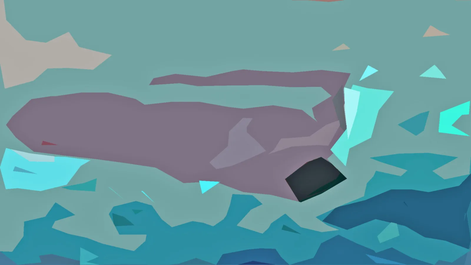 Abstrakte Low-Poly-Illustration: eine langgestreckte lila Form vor blaugrünem Hintergrund, rechts ein dunkler Block, unten blaue Facettenflächen.
