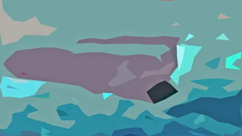 Abstrakte Low-Poly-Illustration: eine langgestreckte lila Form vor blaugrünem Hintergrund, rechts ein dunkler Block, unten blaue Facettenflächen.