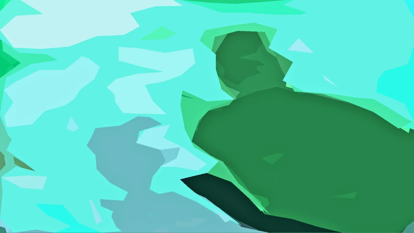 Abstrakte Low-Poly-Grafik: eine große dunkelgrüne Form rechts vor türkisfarbenem Hintergrund mit hellen und blaugrauen Flächen.