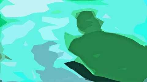 Abstrakte Low-Poly-Grafik: eine große dunkelgrüne Form rechts vor türkisfarbenem Hintergrund mit hellen und blaugrauen Flächen.