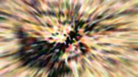 Abstrakte Komposition aus farbigen Streifen, die radial von einem dunklen, punktförmigen Zentrum nach außen strahlen.