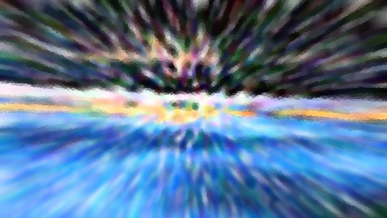 Abstrakte Komposition mit radial nach außen laufenden, bunten Schlieren; oben dunkle Töne, in der Mitte ein helles Horizontband, unten leuchtendes Blau.