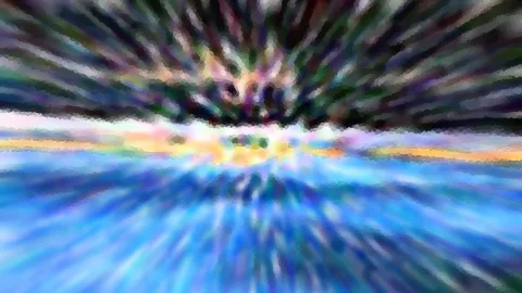 Abstrakte Komposition mit radial nach außen laufenden, bunten Schlieren; oben dunkle Töne, in der Mitte ein helles Horizontband, unten leuchtendes Blau.