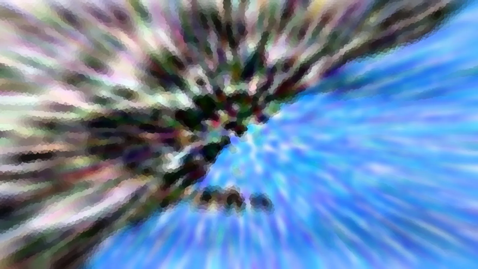 Abstrakte Komposition mit radialer Bewegungsunschärfe: dunkles Grün und Violett strahlen von links oben zur Mitte, rechts unten dominiert helles Blau.