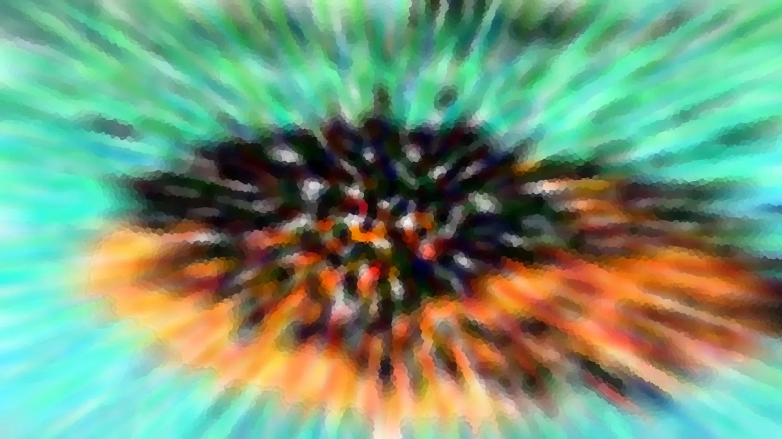 Abstraktes Bild mit radialem Zoomeffekt: dunkles Zentrum, umgeben von türkisen, grünen und orangefarbenen Streifen.
